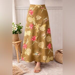 Studio JPR Pure Linen Tropical Midi Skirt Size 12 Floral A-Line Vacation Resort